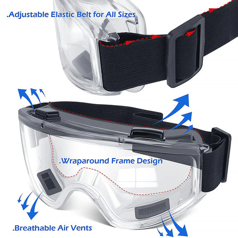 6 Pack Safety Goggles Set ANSI Z87.1 Anti Fog Eye Protection with wraparound frame and adjustable elastic strap for lab work.