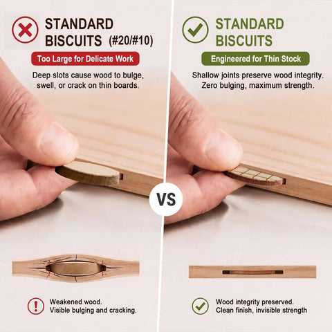 Comparison of standard vs R1 Micro Joiner 50 Pack Pro Grade Poplar Wood Joiner Biscuits showing wood integrity and bulging issues.