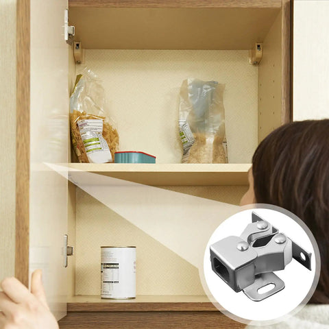 12 Pack Stainless Steel Cabinet Door Latch Double Roller Bead Roller Catch installed on kitchen cabinet, detail inset shown.
