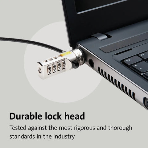 Get Your Hands On This Badass Laptop Security Cable Lock With Sweet Push Button Design And Resettable Four Digit Combination Code On Six Foot Cut Resistant Steel Wire For Office, shown locking a laptop.