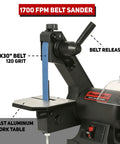 Hardcore Low Speed Bench Grinder Combines One By Thirty Inch Sanding Belt With Six Inch Finishing Disc For Precision Metalwork Knife Crafting And Tool Fix Ups Smooth Handling Shop Beast on a cast aluminum work table.