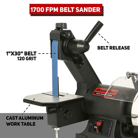 Hardcore Low Speed Bench Grinder Combines One By Thirty Inch Sanding Belt With Six Inch Finishing Disc For Precision Metalwork Knife Crafting And Tool Fix Ups Smooth Handling Shop Beast on a cast aluminum work table.