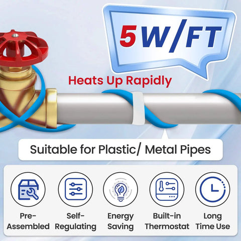 80 Ft 120 V Self Regulating Pipe Heating Cable For Freeze Protection Keeps Water Flowing Down To -40F For Metal And Plastic Pipes Energy Saving Heat Tape With 3 Ft Power Cord Included wrapped around pipe showing features like 5W/FT capacity, self-regulating, and energy saving