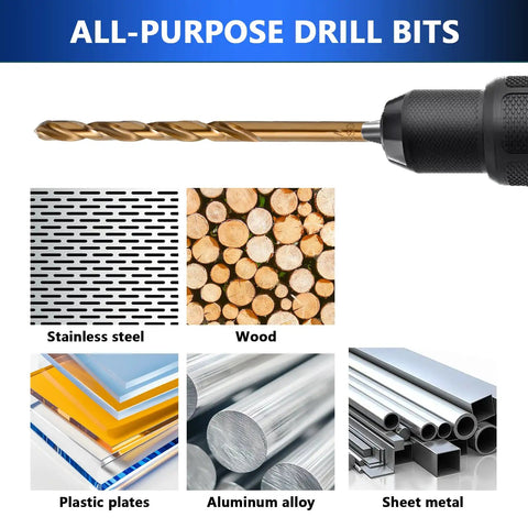 Cobalt Drill Bit Set For Hardened Metals Stainless Steel Cast Iron And Wood Plastics, 29 Pc M35 HSS Twist Bits shown with materials like wood and sheet metal.