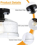 Semi Flush Mount Ceiling Light With Seeded Glass Shade In Black Finish Modern Farmhouse Style Fixture details