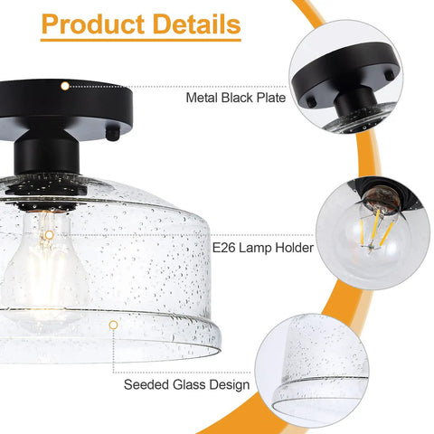 Semi Flush Mount Ceiling Light With Seeded Glass Shade In Black Finish Modern Farmhouse Style Fixture details