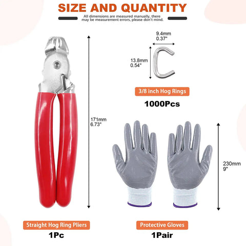 Three Eighth Inch Hog Ring Kit With One Thousand Galvanized Hog Rings, Pro Hog Ring Plier, And Cut Resistant Gloves for versatile use