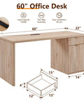 60 Inch Modern Executive Desk With Storage For Home Office Oak Wood Writing Desk With Drawer And Cabinet Fluted Surface