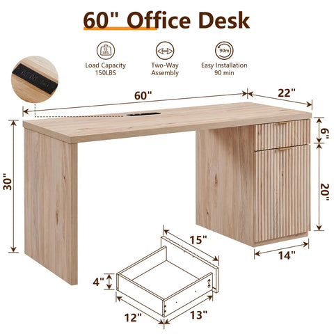 60 Inch Modern Executive Desk With Storage For Home Office Oak Wood Writing Desk With Drawer And Cabinet Fluted Surface