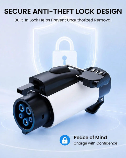 Secure anti-theft lock design of Slick NACs To J1772 Electric Vehicle Charging Adapter For Tesla Wall Connector.