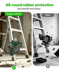 360 Degree Laser Level With Tripod Self Leveling Green Laser Tool For Pros Drop Proof Rugged Build With 60 Inch Drop Protection All Around Rubber Armor For Tough Jobsite Drops, green laser level beside ladder