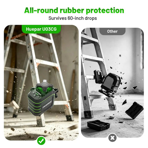 360 Degree Laser Level With Tripod Self Leveling Green Laser Tool For Pros Drop Proof Rugged Build With 60 Inch Drop Protection All Around Rubber Armor For Tough Jobsite Drops, green laser level beside ladder