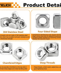 60 Pack M3 Thin Square Nuts Stainless Steel low profile fasteners showcasing 304 stainless steel material and four-sided design.
