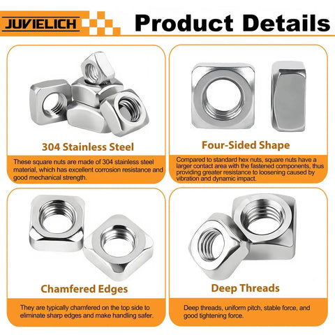 60 Pack M3 Thin Square Nuts Stainless Steel low profile fasteners showcasing 304 stainless steel material and four-sided design.