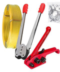 Heavy Duty Manual 4 In 1 Pallet Packaging Strapping And Banding Kit Featuring Ratchet Tensioner Sealer Cutter with yellow strap and red tools.