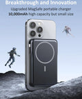 Magnetic Portable Charger 10000mAh Power Bank With 20W Fast Charge And Built In Cable, slim design next to iPhone on rocky surface.