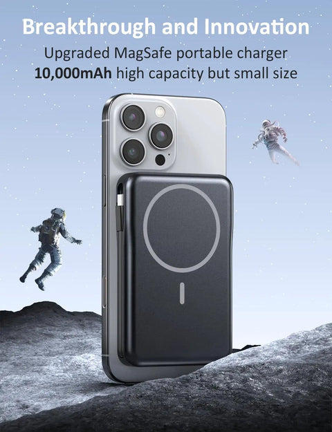 Magnetic Portable Charger 10000mAh Power Bank With 20W Fast Charge And Built In Cable, slim design next to iPhone on rocky surface.