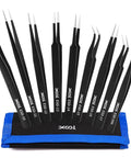 9 Piece ESD Precision Tweezers Set Anti Static Stainless Steel displayed with nine different tip styles for electronics repair