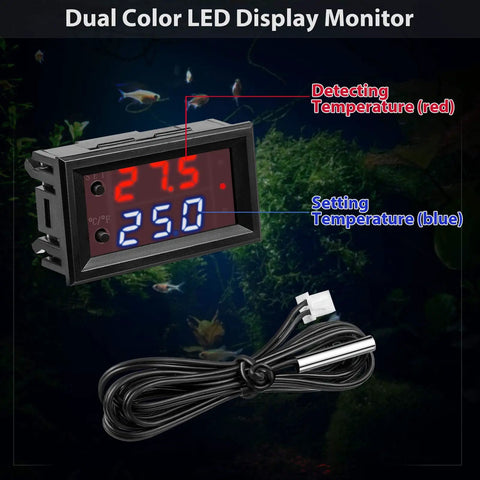 Dual color LED display of Pair Of 12V Electronic Temperature Controllers Programmable From -50 To 110 Celsius with probe.