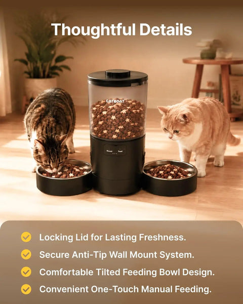 Top Shelf Dual Camera Automatic Pet Feeder With Two Separated Bowls And Six Liter Hopper For Independent Cats And Dogs Smart Programmable Timer showing cats eating from dual bowls.