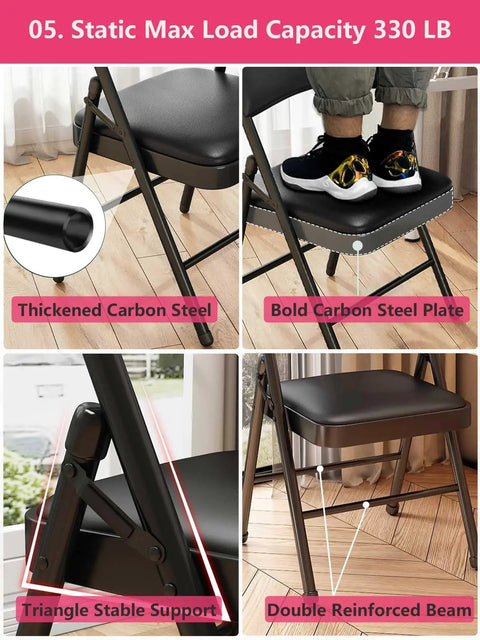 Comfy Folding Chair With Padded Cushion And Sturdy Black Steel Frame, Portable, features thickened carbon steel and stable support