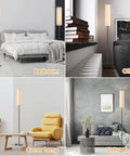 Modern Floor Lamp With Remote Control For Bedroom Living Room Office 4 Color Temperature Stepless Dimmer LED Light Bar 11 Inch Tall Standing Lamp With Cozy Ambience 3000K To 7000K in different room settings.