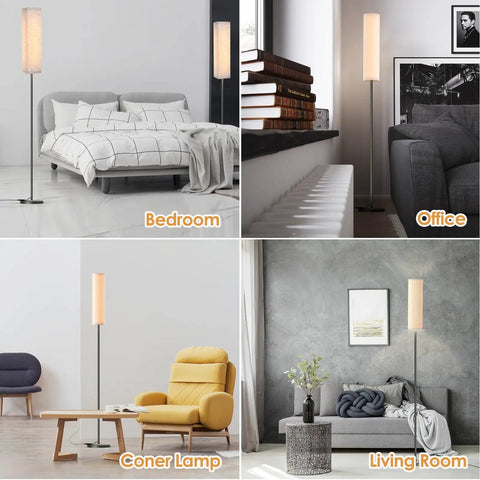 Modern Floor Lamp With Remote Control For Bedroom Living Room Office 4 Color Temperature Stepless Dimmer LED Light Bar 11 Inch Tall Standing Lamp With Cozy Ambience 3000K To 7000K in different room settings.