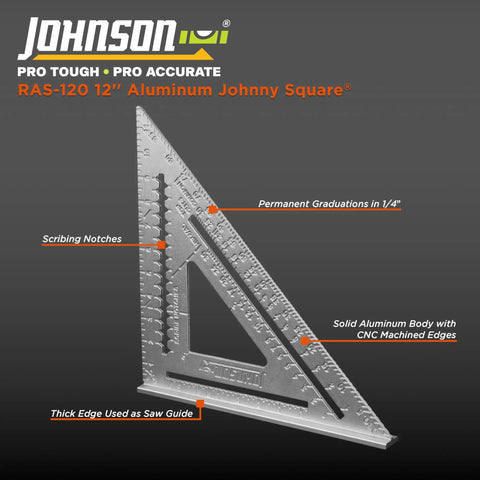 Beefy 12 Inch Aluminum Rafter Square With CNC Machined Edges Permanent Readings Scribe Notches, saw guide edge visible.