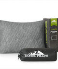 Travel Camping Pillow With Shredded Memory Foam, Compressible And Medium Firm, Breathable Cover shown with packaging and travel bag.