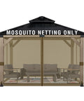 10x10 Ft Gazebo Mosquito Netting Replacement Four Panel Sidewalls with two way zippers, brown nylon, installed on patio