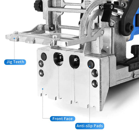 Close-up of Dual Spindle Doweling Jointer's jig teeth, front face, and anti-slip pads for accurate woodworking.