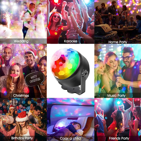 Collage featuring Lit Party Ready Mini Disco Ball With Bluetooth Speaker, showing use at weddings, karaoke, home parties, and more.
