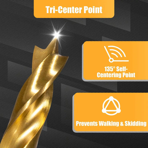 Close-up of a tri-center point drill bit showing 135-degree self-centering and anti-skid design features.