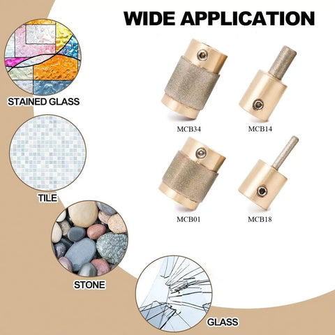 4 Pack Diamond Grinder Bits For Glass And Tile, Four Sizes One Inch, Three Quarter Inch, One Quarter Inch, One Eighth Inch, 118 Degree Split Point, Titanium Coated Brass Core, Includes 4 Allen Wrenches For DIY Stained Glass, Tile, And Stone Projects. Image shows grinder bits with applications on stained glass, tile, stone, and glass.