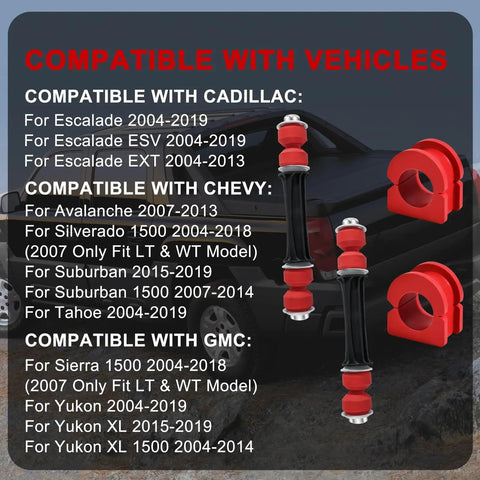 Beefed Up Front Stabilizer Sway Bar Link Kit 4Pc With Red Bushings 36mm For Silverado Tahoe GMC Yukon Cadillac Escalade 2004 2019 Replacement Front Suspension Parts compatible vehicles graphic
