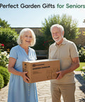 Elderly couple holding a box of Garden Kneeler And Seat With Anti Tip Extendable Legs Foldable Portable Garden Stool in garden setting.