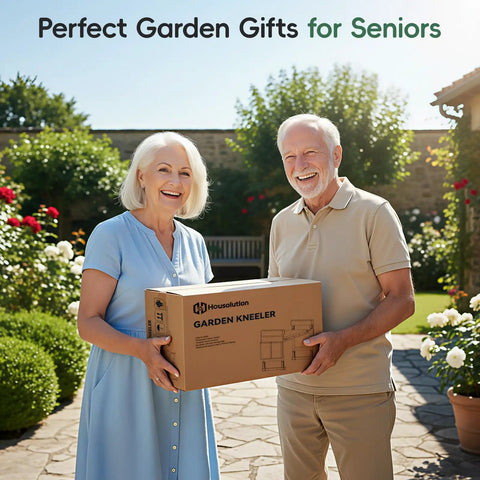 Elderly couple holding a box of Garden Kneeler And Seat With Anti Tip Extendable Legs Foldable Portable Garden Stool in garden setting.