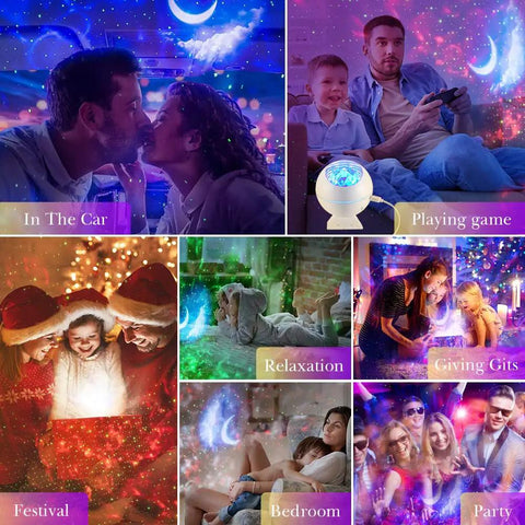 Moonlit Galaxy Night Projector For Bedroom With 43 Lighting Modes in various settings like car, bedroom, party, and relaxation