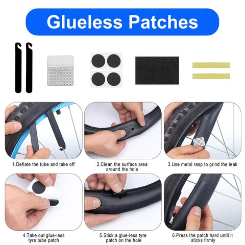 Tutorial for glueless patching in All In One Bicycle Tire Repair Kit With Portable Pump Patch Kit Levers Wrench Chain Tool And 16 In 1 Multi Tool