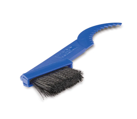 GSC-1 Gear Cleaning Brush For Bikes And Chains With Curved-Toothed End, tough nylon bristles, blue handle, compact maintenance tool.