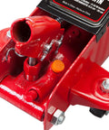 Close-up of red 1.5 Ton Hydraulic Trolley Floor Jack With Blow Mold Carrying Case, Heavy Duty Steel Car Jack for DIY Garage Use