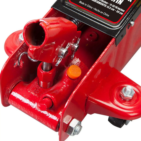Close-up of red 1.5 Ton Hydraulic Trolley Floor Jack With Blow Mold Carrying Case, Heavy Duty Steel Car Jack for DIY Garage Use