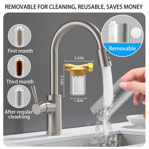 Close-up of brass washing machine water filter inline under faucet, demonstrating reusable 40 micron sediment filter.