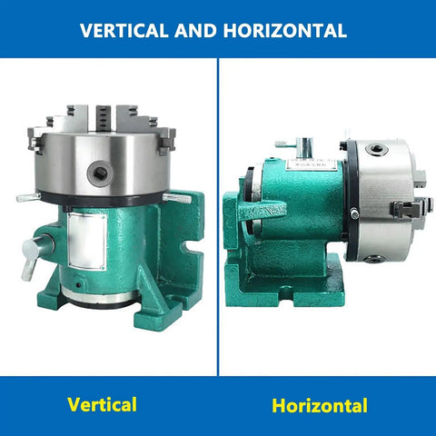 Vertical and horizontal view of Top Rated Cnc Rotary Indexing Table With Universal Dividing Head And 6 Inch 3 Jaw Lathe Chuck Sweet Milling Attachment Kit.