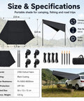 Portable Car Side Awning 210D Blackout Oxford Canopy Shelter Quick Suction Cup Setup With Heavy Pole Stake Kit dimensions and specifications