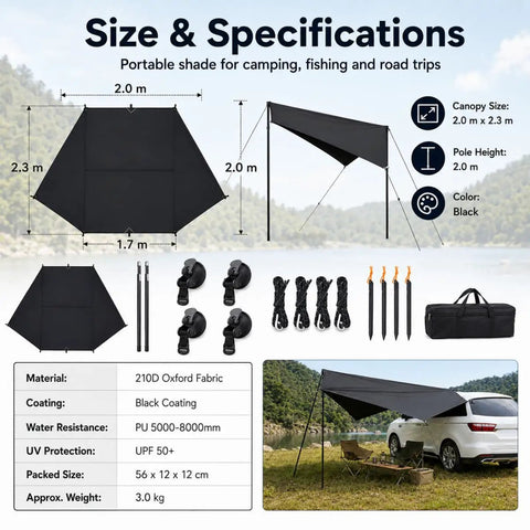 Portable Car Side Awning 210D Blackout Oxford Canopy Shelter Quick Suction Cup Setup With Heavy Pole Stake Kit dimensions and specifications
