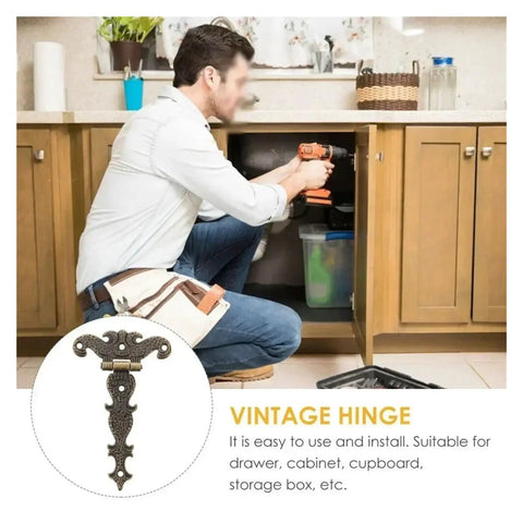 Man installing kitchen cabinet hinge with drill; vintage hinge overlay for drawer, cabinet, cupboard installation guide shown.