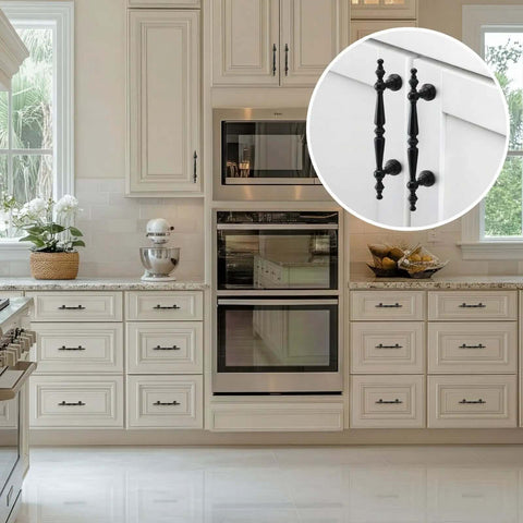 6 Pack Matte Black Vintage Cabinet Pulls Measuring 6 Inches Long With 3 75 Inch Hole Spacing shown on kitchen drawers.