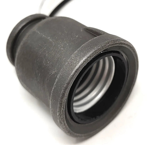 Close-up of Pipe Lamp Socket For Half Inch NPT Pipe in galvanized finish, showing prewired leads for Edison E26 or E27 bulbs.
