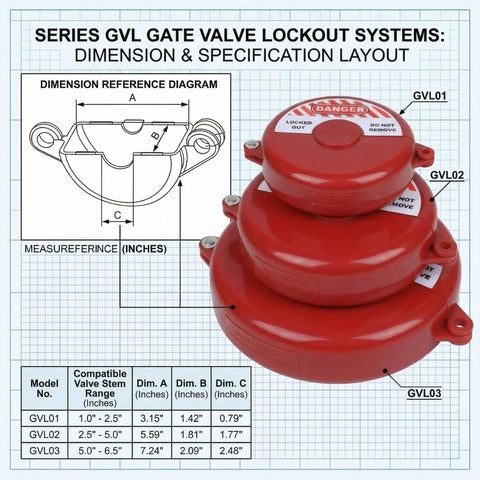 Series GVL gate valve lockout systems with nesting ABS covers for safety compliance; dimensions and specifications chart.
